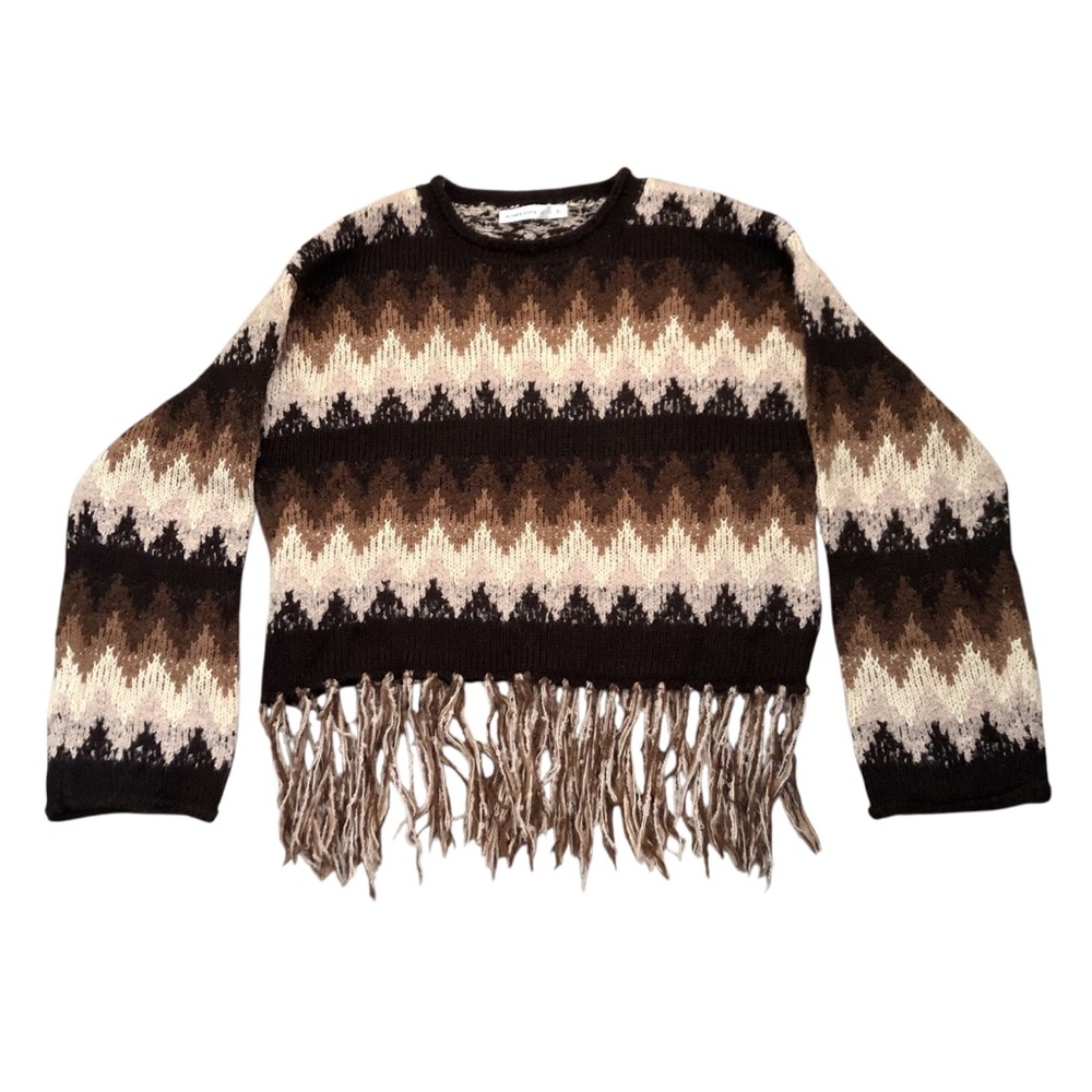 Altar'd State Brown Chevron Stripe Sweater with Fringed Hem Size M